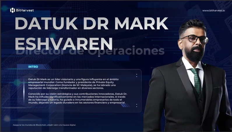 Material promocional de BitHarvest presentando a Datuk Dr Mark Eshvaren como Director de Operaciones