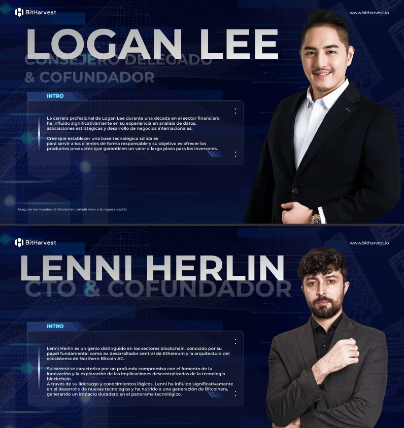 Material promocional de BitHarvest presentando a Logan Lee y Lenni Herlin como cofundadores