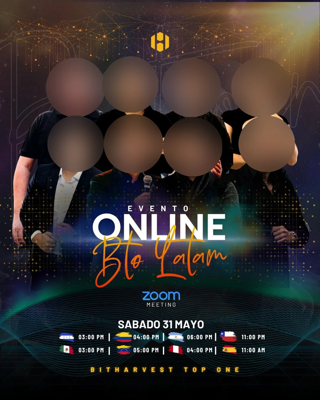 Flyer de un evento de Zoom de BitHarvest llamado Bto Latam con ocho líderes regionales